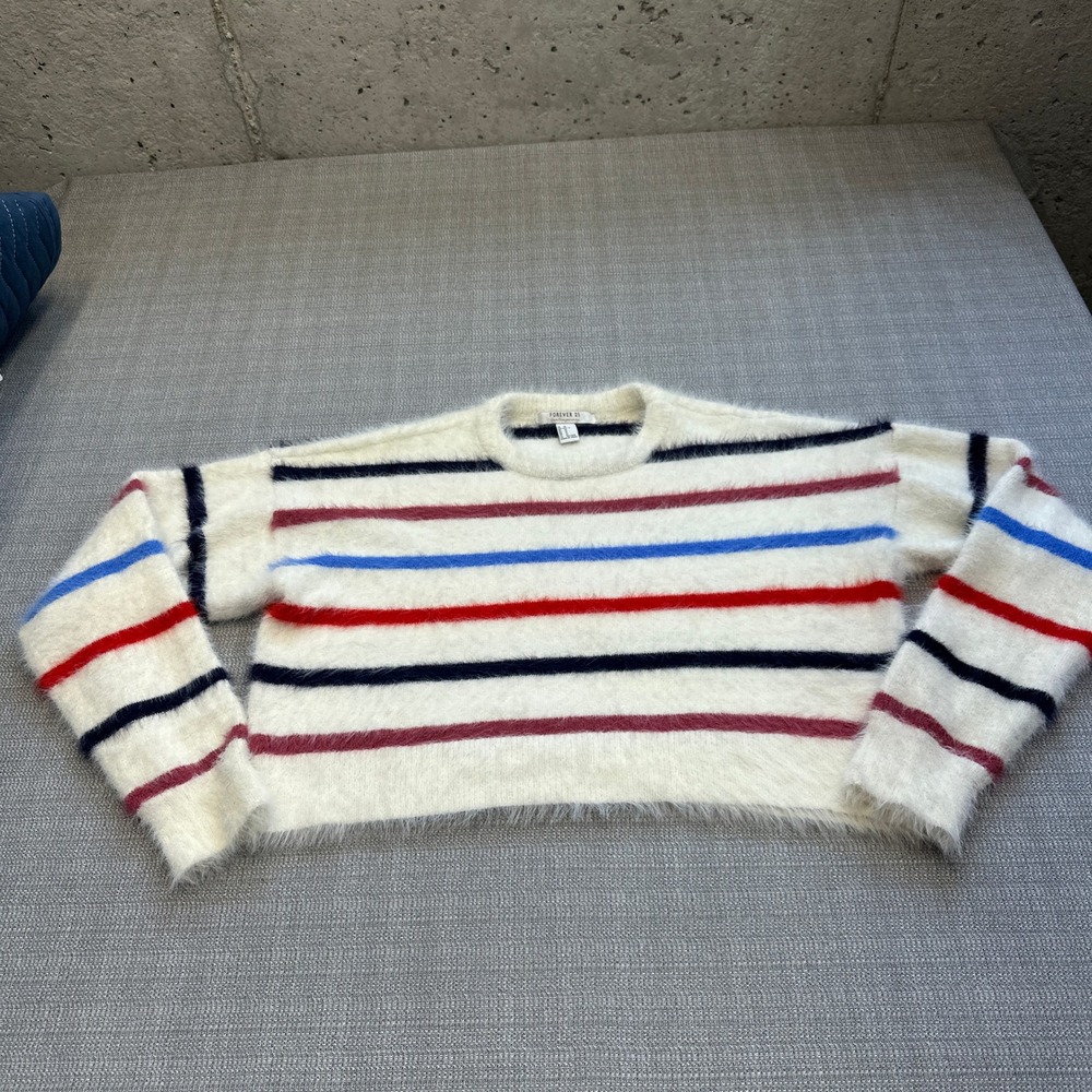 Y2K Fuzzy‎ Striped Sweater Forever 21 Medium Cozy Cropped Soft Knit Pullover